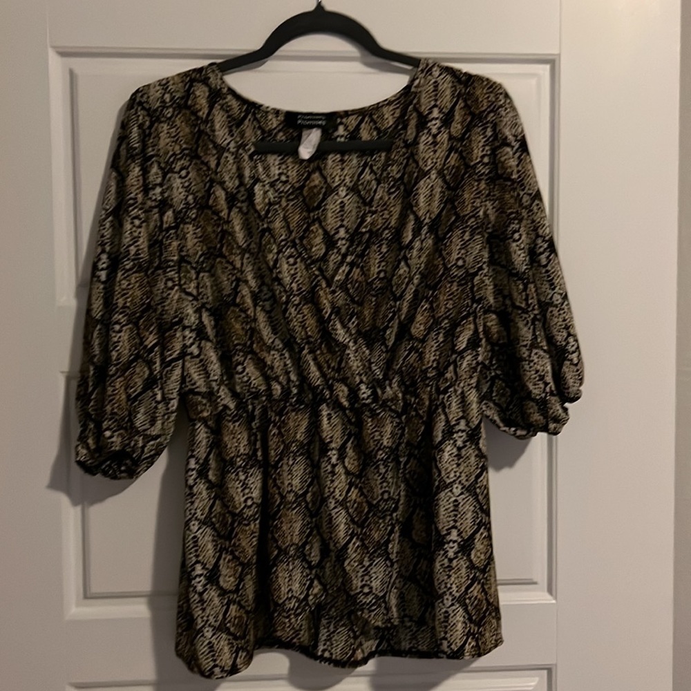 Promises Promises Snake Print Peplum Blouse Women’s Sz 1X Brown Black Top